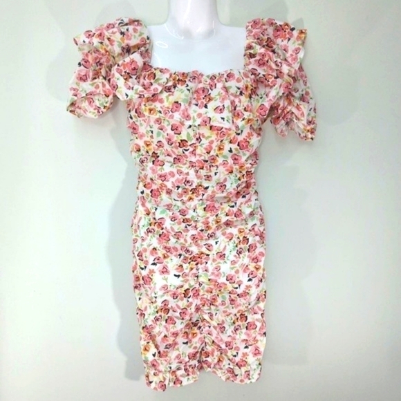 Zara Ruffle Collar Floral Prints‎ Ruched Bodycon Dress Sz. 4 NWT - Picture 1 of 9